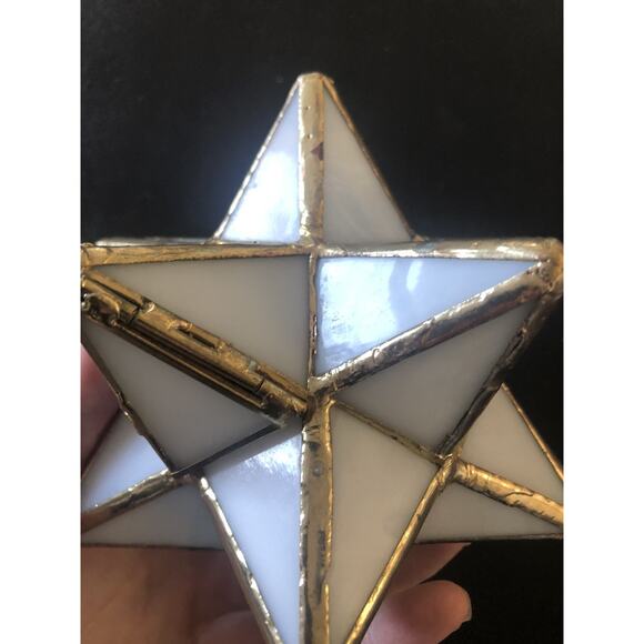 Vtg Stained Glass Moravian Star Hanging Light Holder Hinged Door Missing 1 Panel - Picture 3 of 7